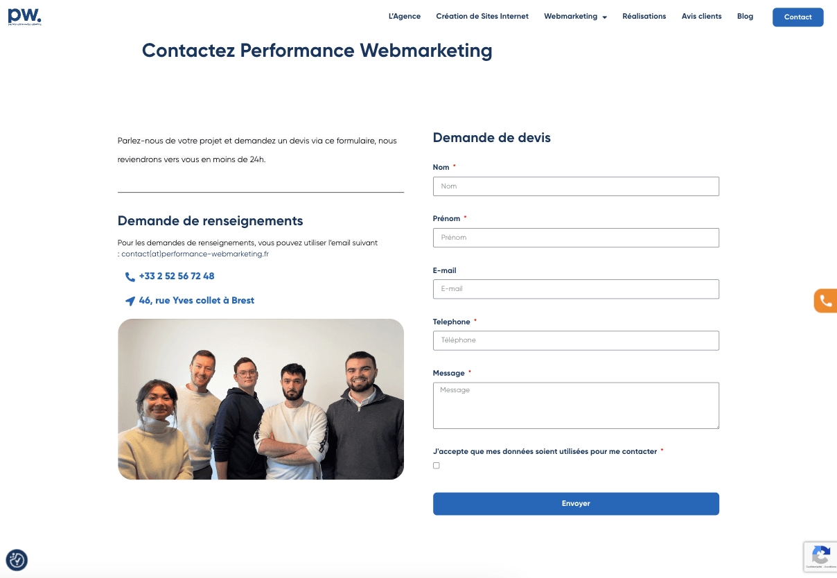 Page de contact du site avec son formulaire de demande de devis